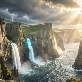 Spectacular Waterfall and Lightning Scene by Scottish Squares