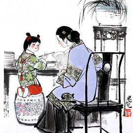 Dream of the Red Chamber - Woman And Child Sitting At Writing Table by Liu Danzhai