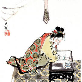 Dream of the Red Chamber - Woman Kneeling At Writing Table by Liu Danzhai