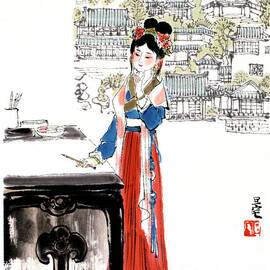 Dream of the Red Chamber - Woman Standing At Writing Table by Liu Danzhai