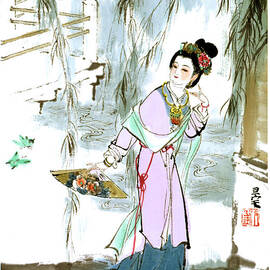 Dream of the Red Chamber - Woman With Fan By Pond by Liu Danzhai