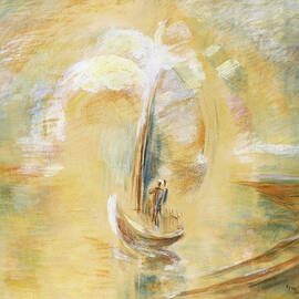 Egry Jozsef paintings - Aranykapu, Golden sunrise at Lake Balaton with sailboat by Egry Jozsef