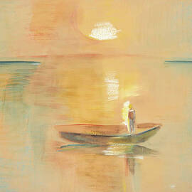 Egry Jozsef paintings - Balatoni naplemente, Sunset over Balaton, landscape with sunset and boat by Egry Jozsef