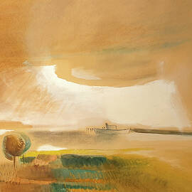 Egry Jozsef paintings - Port Mermaid, harbor with golden lights by Egry Jozsef