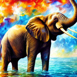Elephant sitting in water in a bright colorful background - digital painting by Nicko Prints