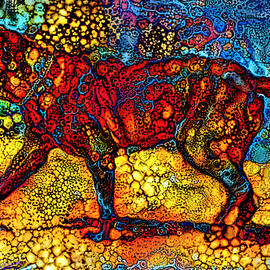 English Mastiff waiting for a treat - colorful abstract painting in blue, yellow and red by Nicko Prints
