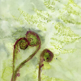 Fiddle-Footed, Fiddleheads with Monoprinted Fern by Elizabeth Reich