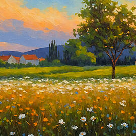 Field with daisy flowers and some houses in the distance at sunset - oil painting by Nicko Prints