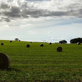 Fields of Renewal Hay Bales and Wind Turbine in Rural Landscape by Travel Essayist
