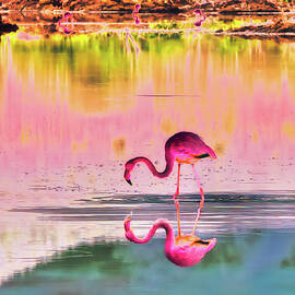 Flamingos by a Tranquil Lake by Bruce Block