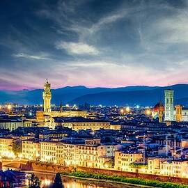 Florence - Sunrise view of Duomo and Giotto's bell tower, Santa croce and palazzo signoria by Stefano Senise