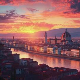 Florentine Sunset Over Iconic LandmarksFlorence City Italy Sunset Panorama by Travel Poster art print