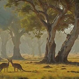 Forest Trees And Two Kangaroos Digital Oil Painting by Nature Oil Painting