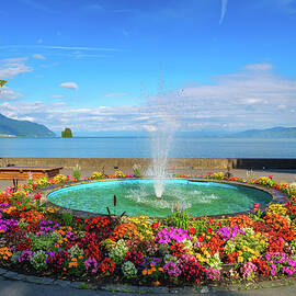 Fountain and Flower Garden Overlooking Lake Geneva, Villeneuve, Switzerland by Miroslav Liska