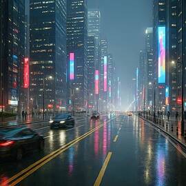 Futuristic Rainy Cityscape at Night by David Manlove