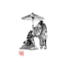 geisha and baby godzilla by Pechane Sumie