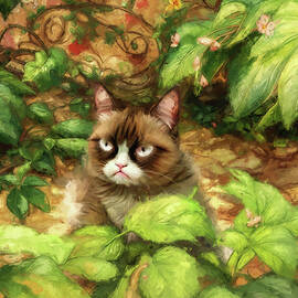 Grumpy cat in the garden - digital painting by Nicko Prints