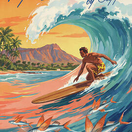 Hawaii Surfing Adventure - Travel Poster - Vintage Art - Retro