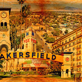 Historical buildings of Bakersfield, California, blended on old paper by Nicko Prints