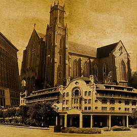 Historical buildings of downtown Stockton, California, blended on old paper by Nicko Prints