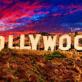 Hollywood sign in the sunset light with a dramatic sky - digital painting by Nicko Prints