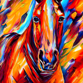 Horse abstract close up portrait - colorful dark orange, red and cyan portrait by Nicko Prints
