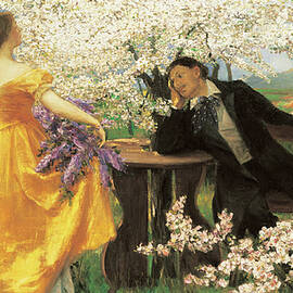 Hungarian painters - Awakening of spring, love couple with blossoming fruit trees by Csok Istvan by Csok Istvan