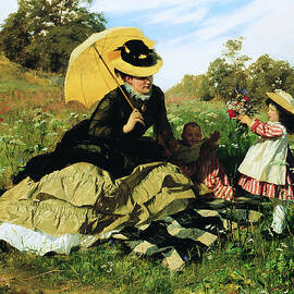 Hungarian painters - Wreath for mama, landscape scene with mother and child by Benczur Gyula by Benczur Gyula