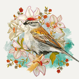 Chipping Sparrow And Flowers by Angeles M Pomata
