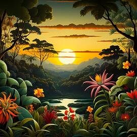 Impressionist Style Painting of the Amazon Rainforest at Sunrise No 3 by Andre Petrov