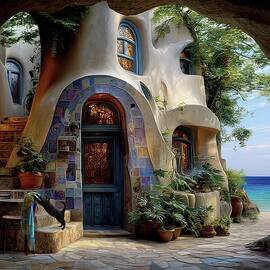 Innocent Looking Seaside Inn With Innocent Looking Cat  by Eris And AI