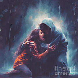 Jesus holds a woman in the storm by Kevin Carden