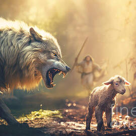 Jesus running towards wolf and lamb by Kevin Carden