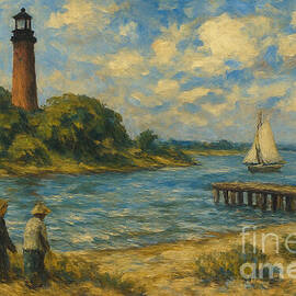 Jupiter Inlet Lighthouse Overlooking a Sailboat by Antonios Valamontes