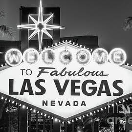 Las Vegas Welcome Sign at Night Black and White Photo by Paul Velgos