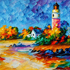 Lighthouse on a small rocky island - colorful abstract painting by Nicko Prints
