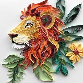 Lion with leaves and flowers paper quilling by Andre Petrov