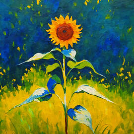 Lone sunflower in a grassfield with trees in the background - impressionist painting by Nicko Prints