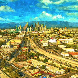 Los Angeles skyscrapers and the Harbor Freeway seen from the south - watercolor painting by Nicko Prints