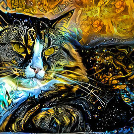 Maine Coon cat lying down - golden night design by Nicko Prints