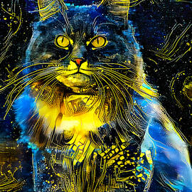 Maine Coon cat sitting - starry blue with yellow colorful painting by Nicko Prints