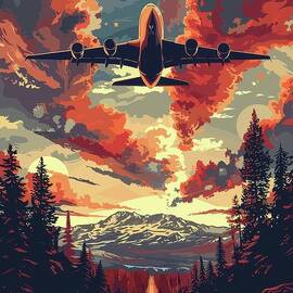 Majestic Airplane Over Scenic LandscapeA380 Plane Sky Vector Art by Travel Poster art print