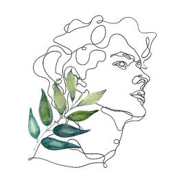 Male face Upper Side Angle One Line Art Decor with Watercolor Leaf  by Rosa Verdi