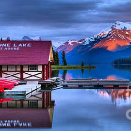 Maligne Lake Summer Sunset Calm Reflections Panorama by Adam Jewell