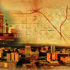 Map of Downtown Fresno on old paper, and panorama of central part by Nicko Prints