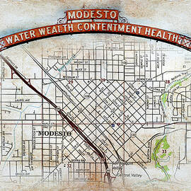 Map of downtown Modesto, California, and the Modesto Arch, on old paper by Nicko Prints