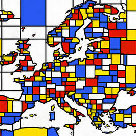 Map of Europe in the style of Composition with Red, Blue and Yellow by Piet Mondrian by Nicko Prints