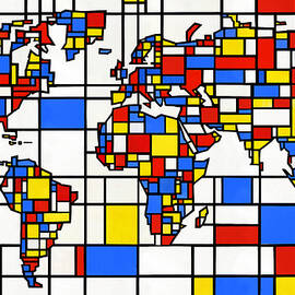 Map of the world in the style of Composition with Red, Blue and Yellow by Piet Mondrian by Nicko Prints