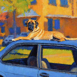 Mastiff dog sitting on top of a car - impressionist painting by Nicko Prints