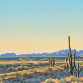 Maynard Dixon paintings - Desert Evening 1943-46 - Landscape with saguaro and distant mountains by Maynard Dixon
